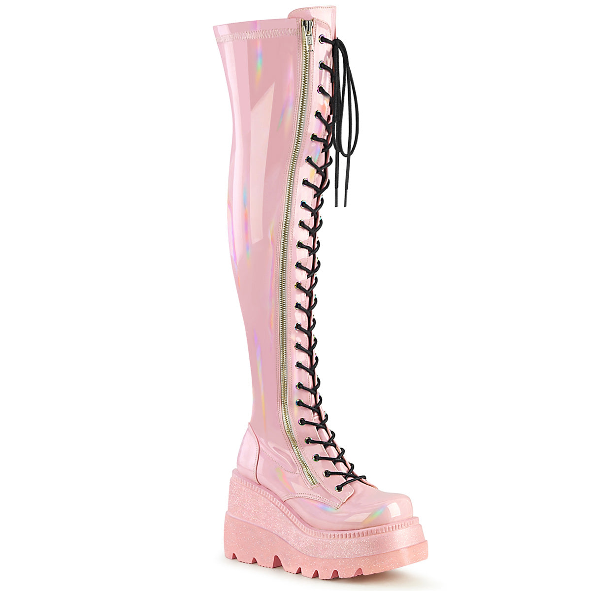 Women\'s Demonia Shaker-374 Thigh High Boots Baby Pink Hologram Stretch Patent | QWB230458