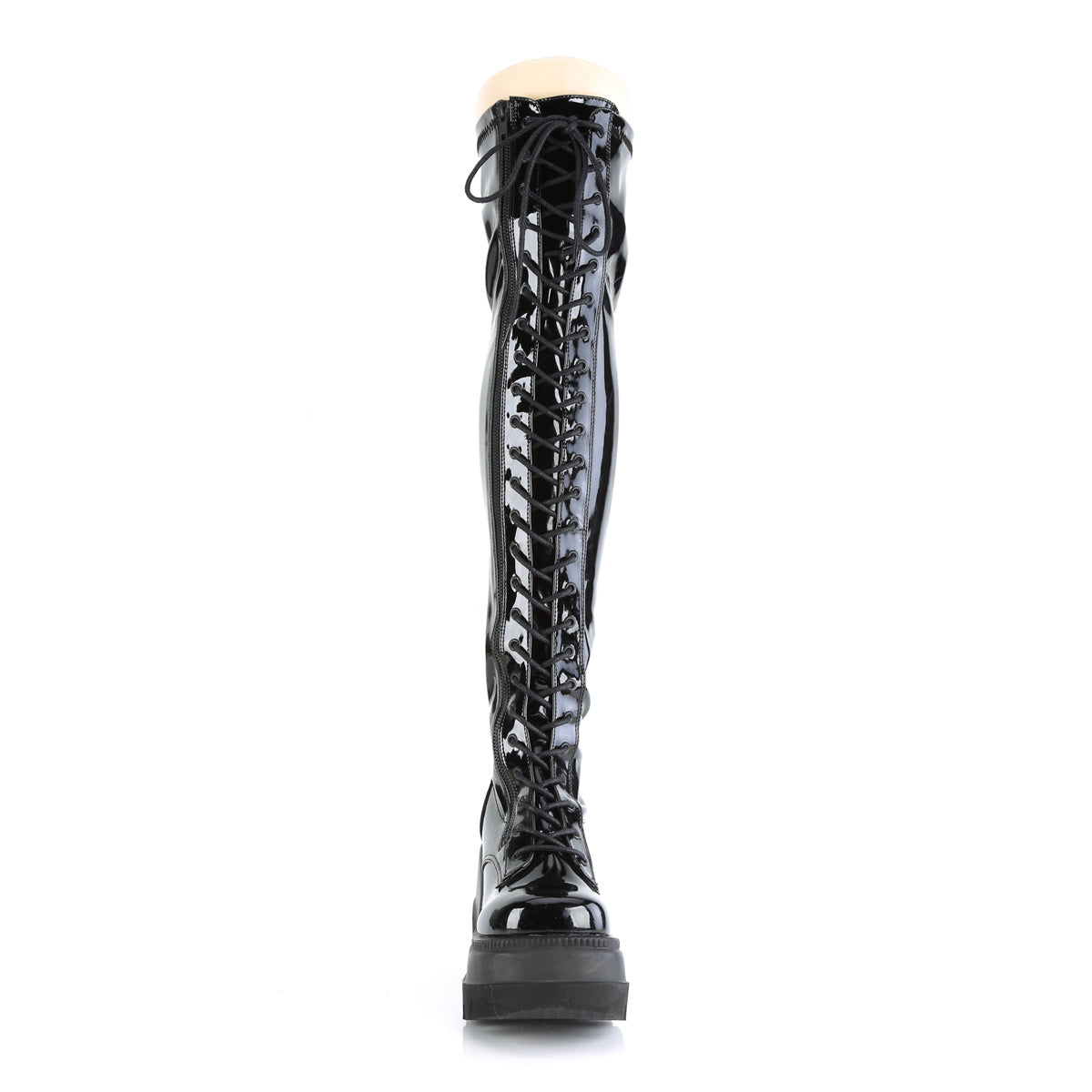 Women's Demonia Shaker-374 Thigh High Boots Black Stretch Patent | URL621958