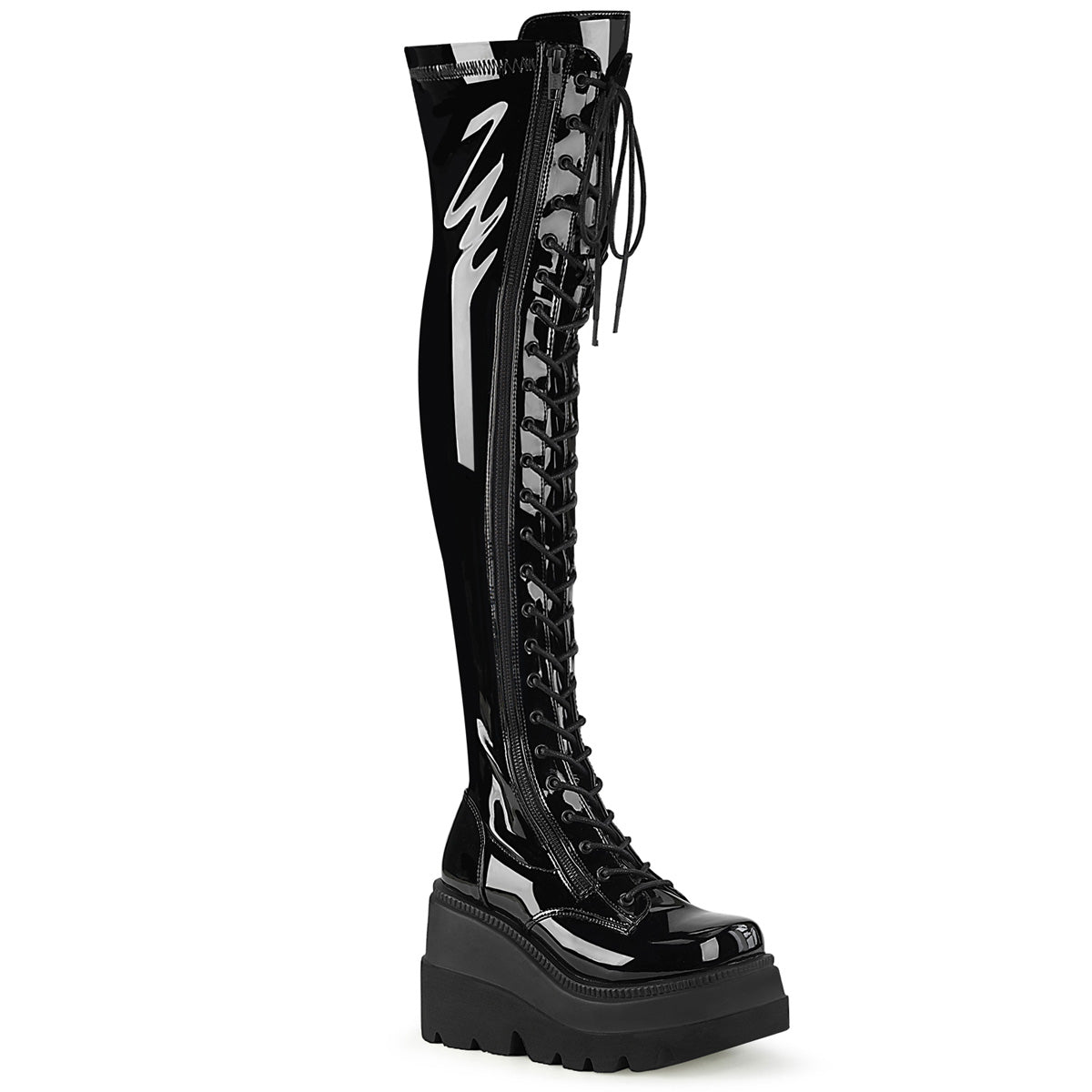 Women\'s Demonia Shaker-374 Thigh High Boots Black Stretch Patent | URL621958