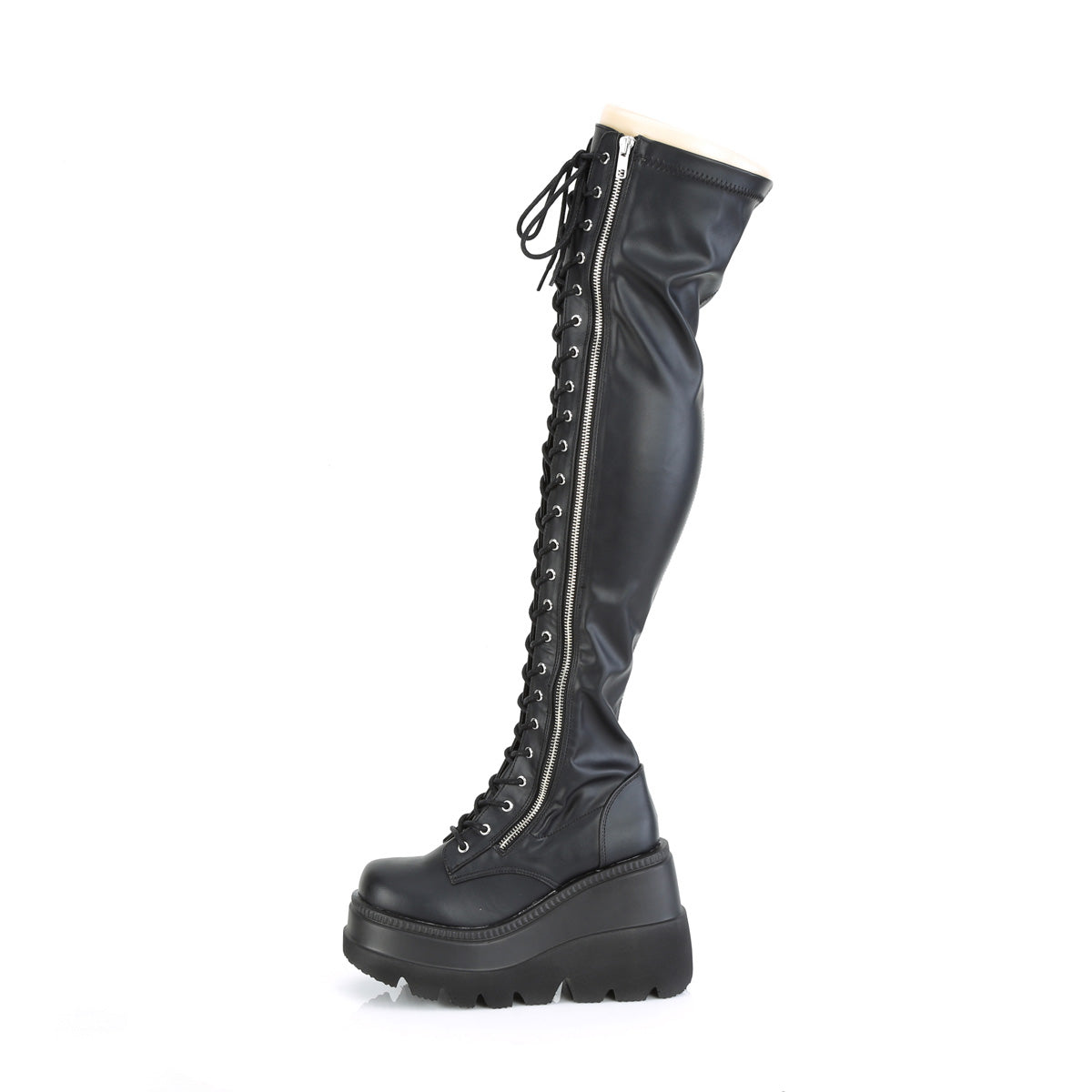 Women's Demonia Shaker-374 Thigh High Boots Black Str. Vegan Leather | CAR278653