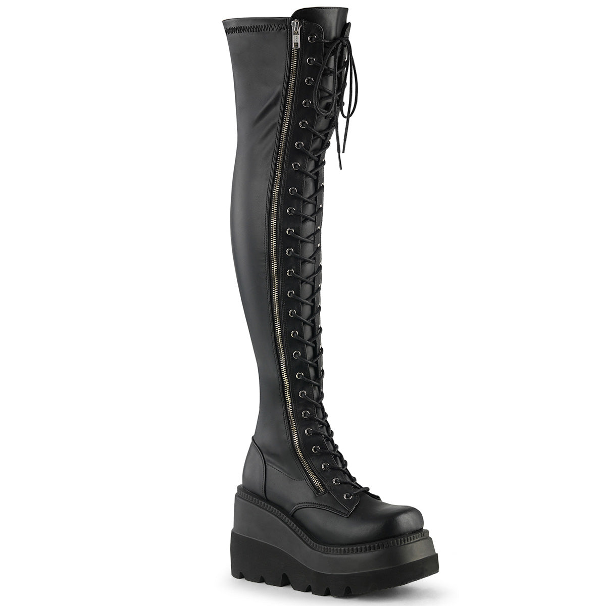 Women\'s Demonia Shaker-374 Thigh High Boots Black Str. Vegan Leather | CAR278653