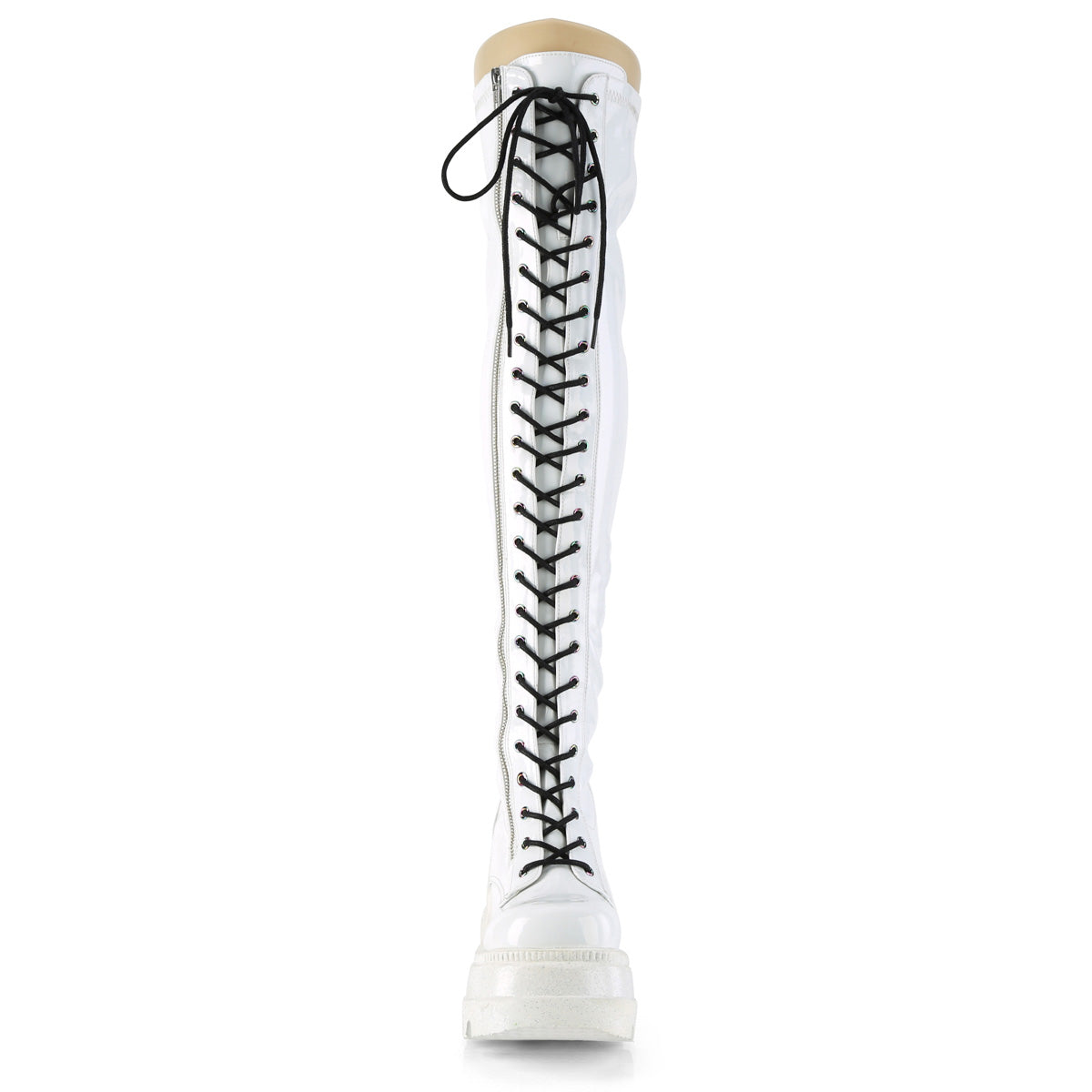 Women's Demonia Shaker-374 Thigh High Boots White Hologram Stretch Patent | BCP309781