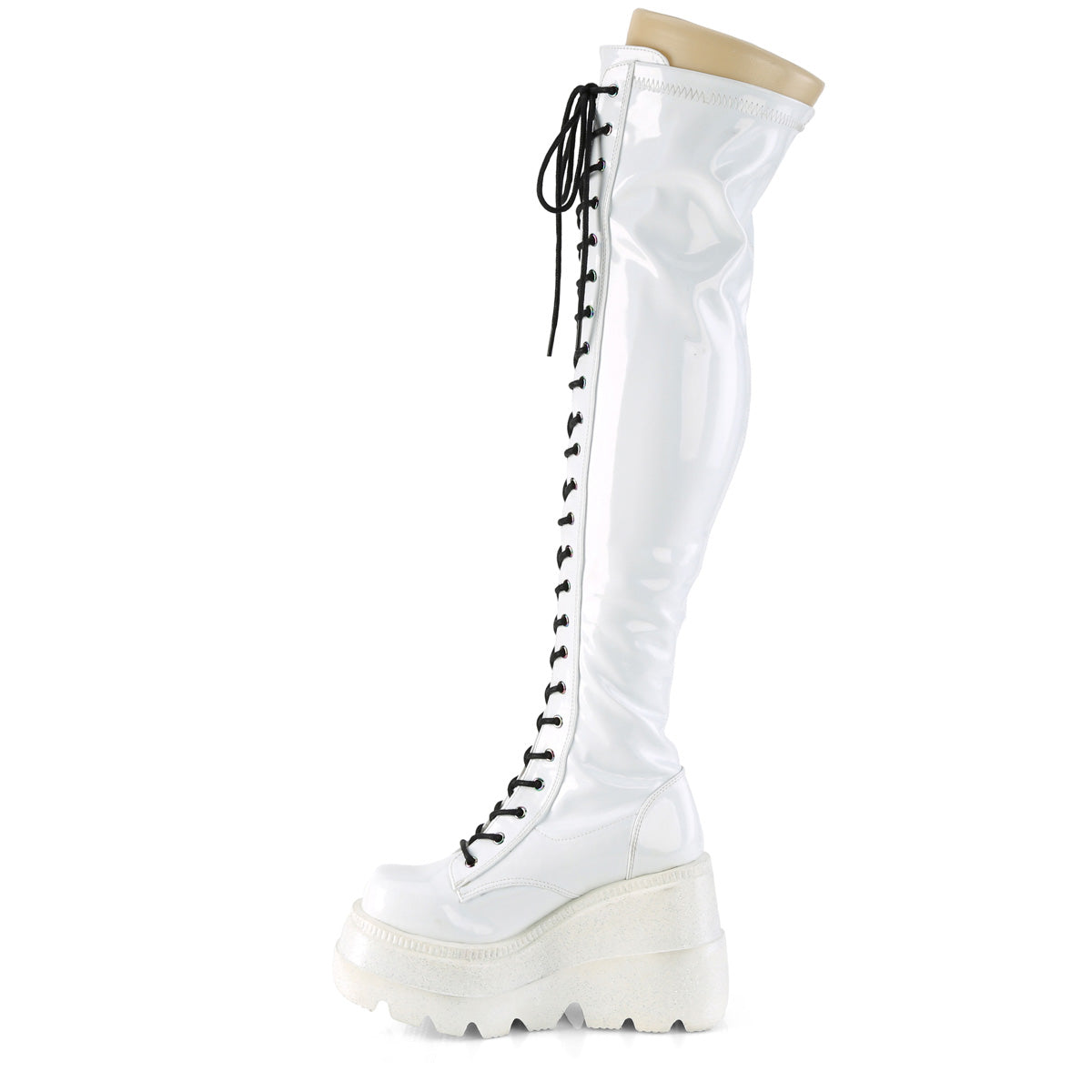 Women's Demonia Shaker-374 Thigh High Boots White Hologram Stretch Patent | BCP309781