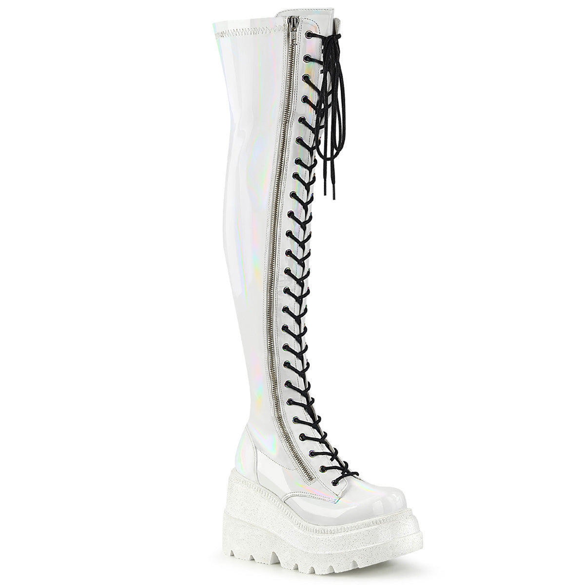 Women\'s Demonia Shaker-374 Thigh High Boots White Hologram Stretch Patent | BCP309781