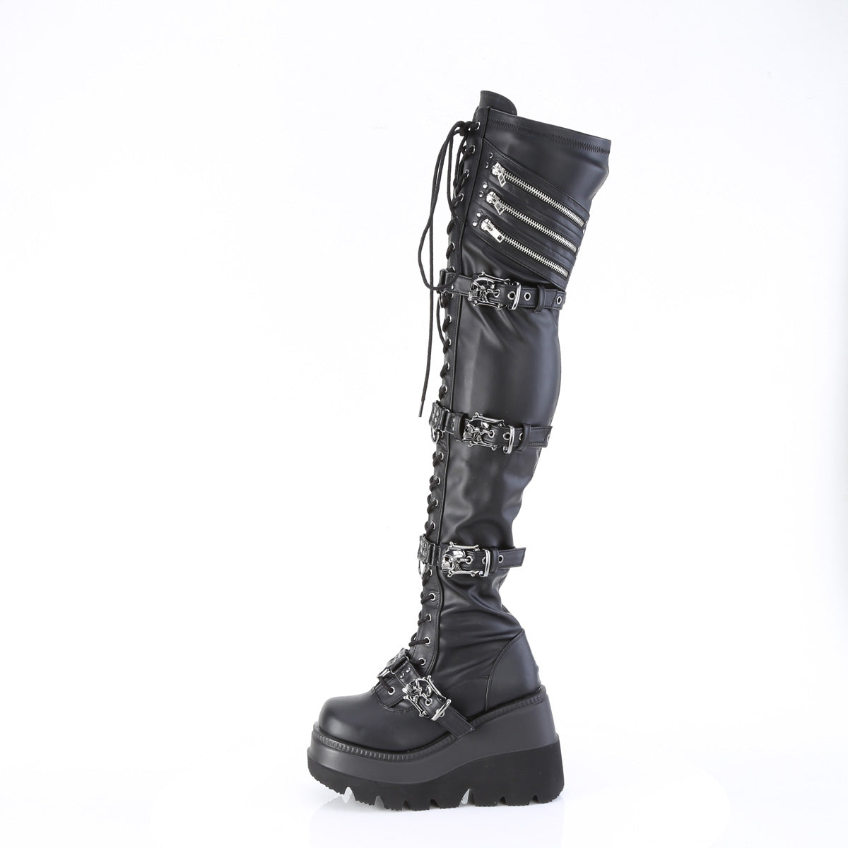 Women's Demonia Shaker-420 Thigh High Boots Black Stretch Vegan Leather | CJE972830