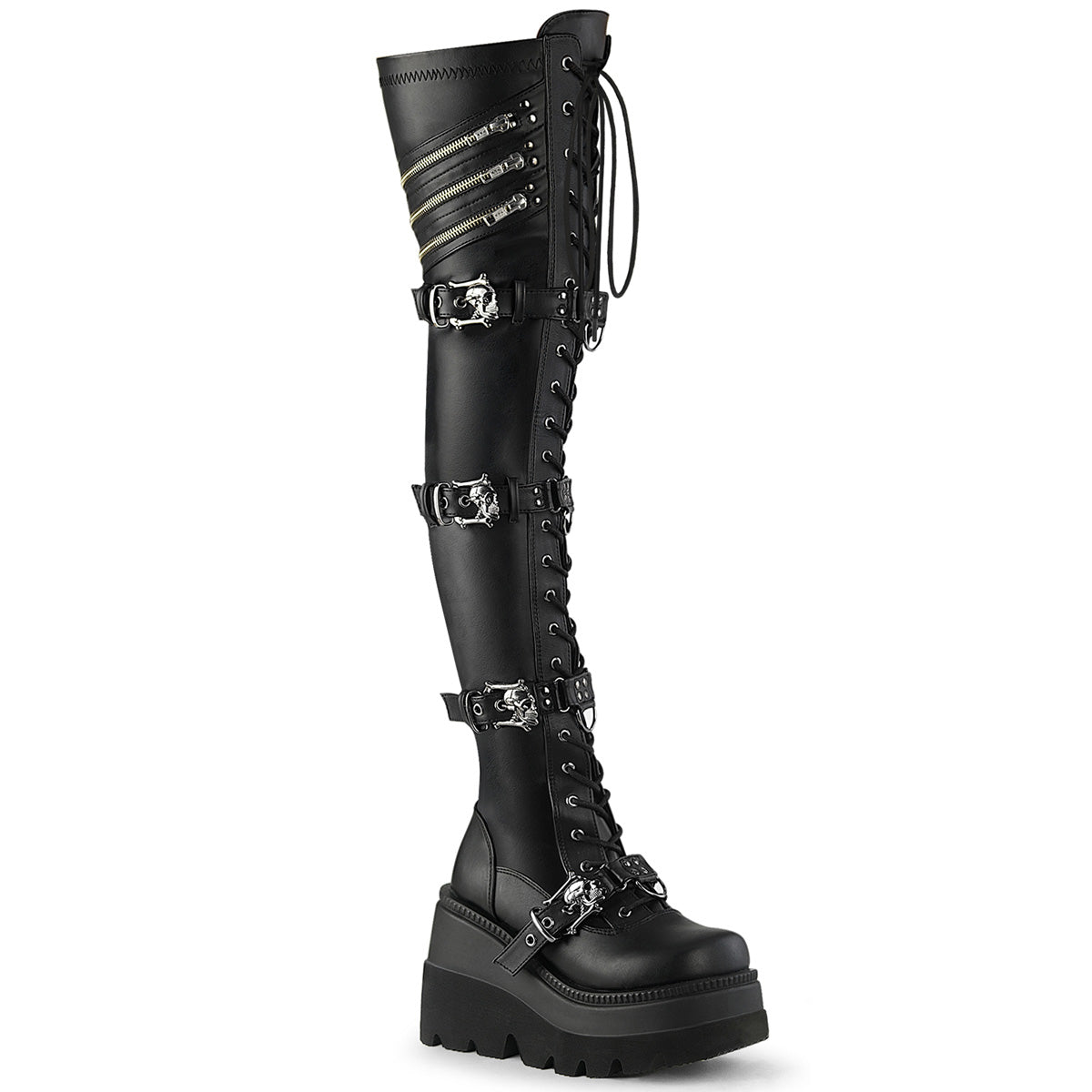 Women\'s Demonia Shaker-420 Thigh High Boots Black Stretch Vegan Leather | CJE972830