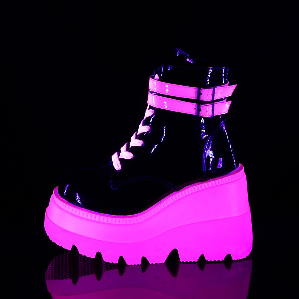 Women's Demonia Shaker-52 Platform Boots Black Patent-UV Neon Pink | COS502986