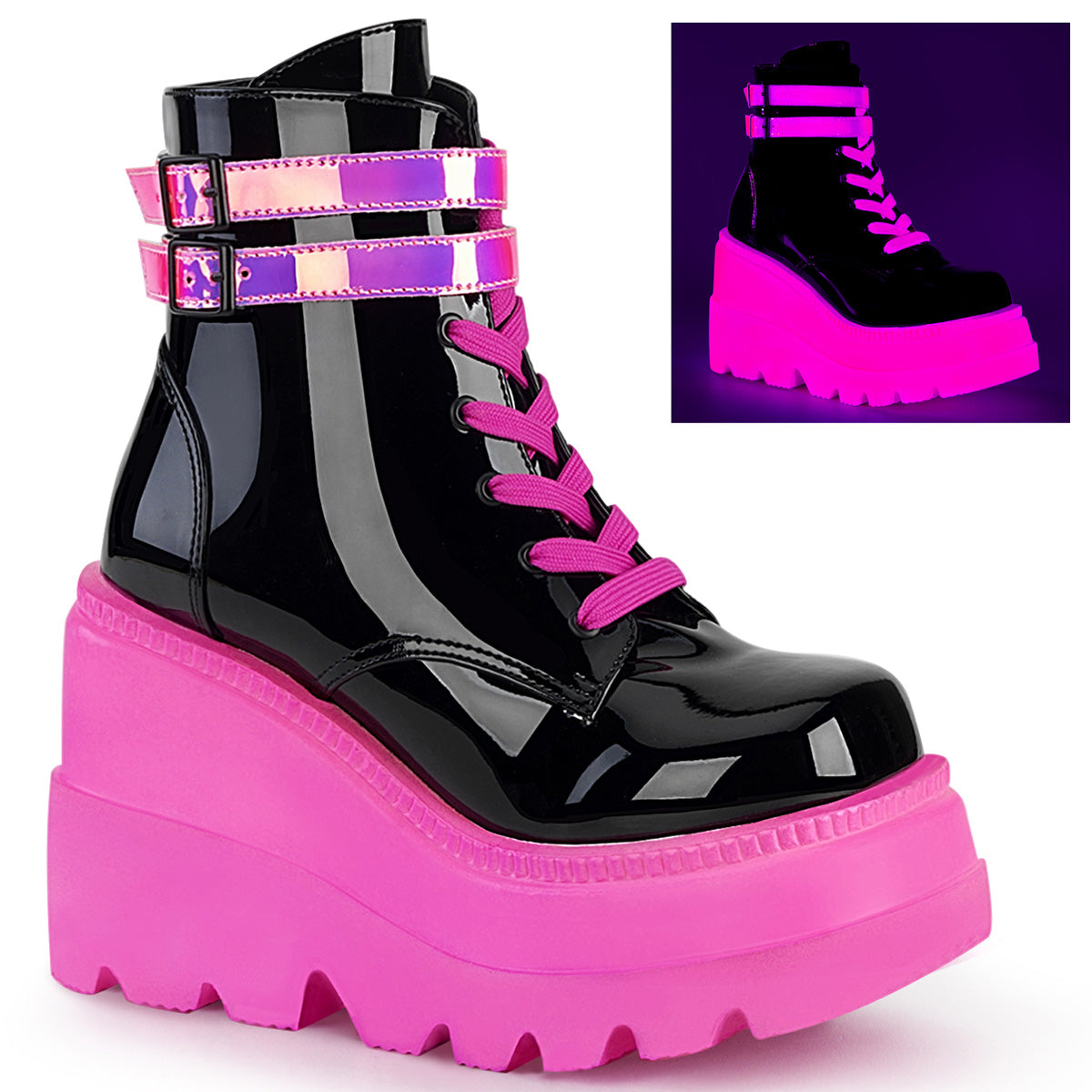 Women\'s Demonia Shaker-52 Platform Boots Black Patent-UV Neon Pink | COS502986