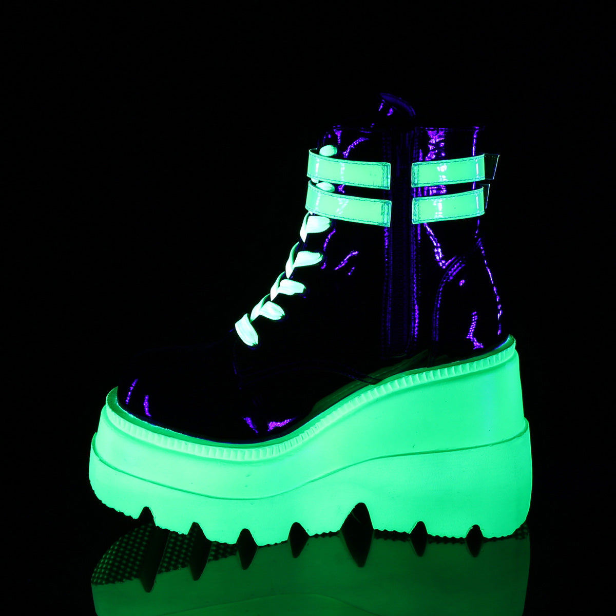 Women's Demonia Shaker-52 Platform Boots Black Patent-UV Neon Green | SDI264715