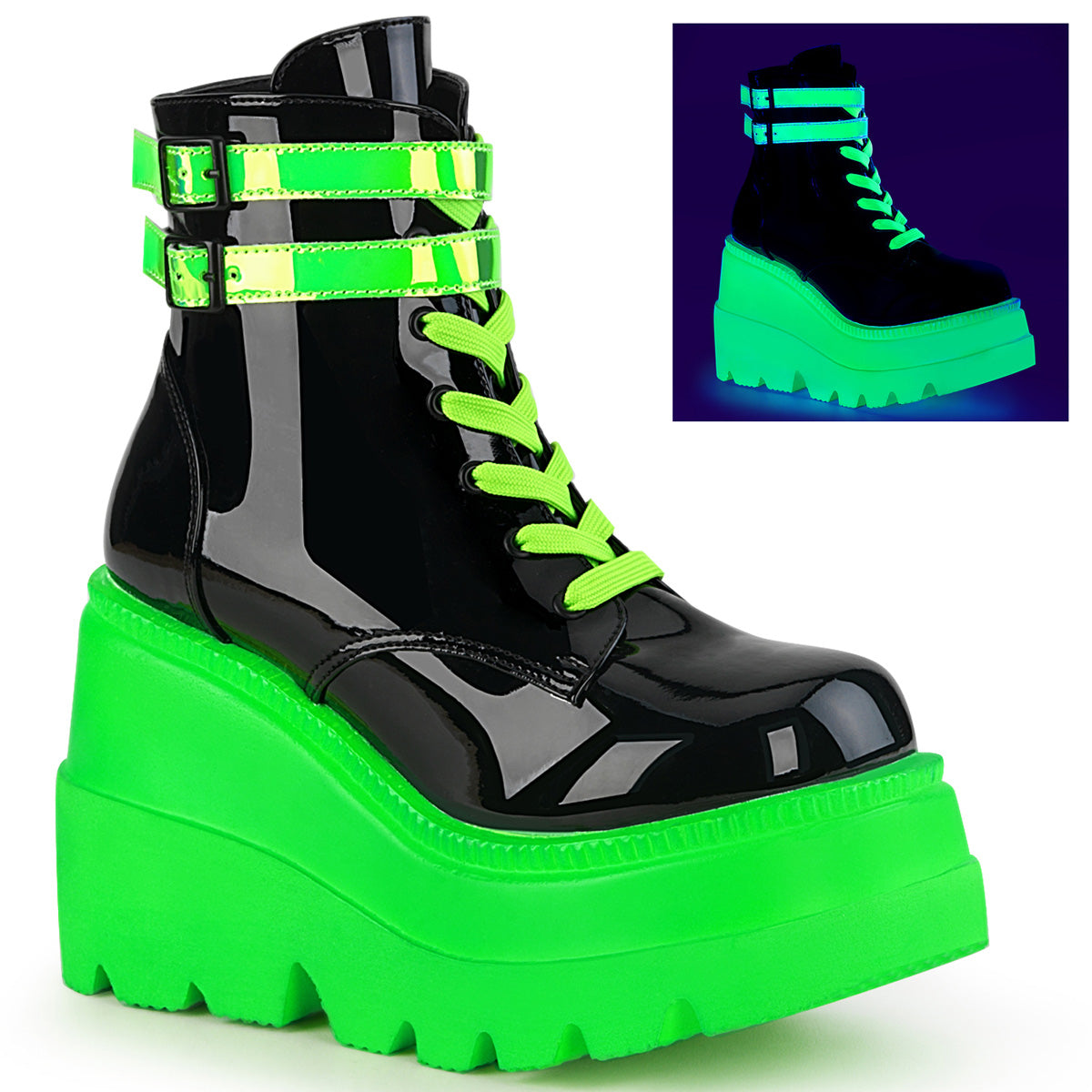 Women\'s Demonia Shaker-52 Platform Boots Black Patent-UV Neon Green | SDI264715