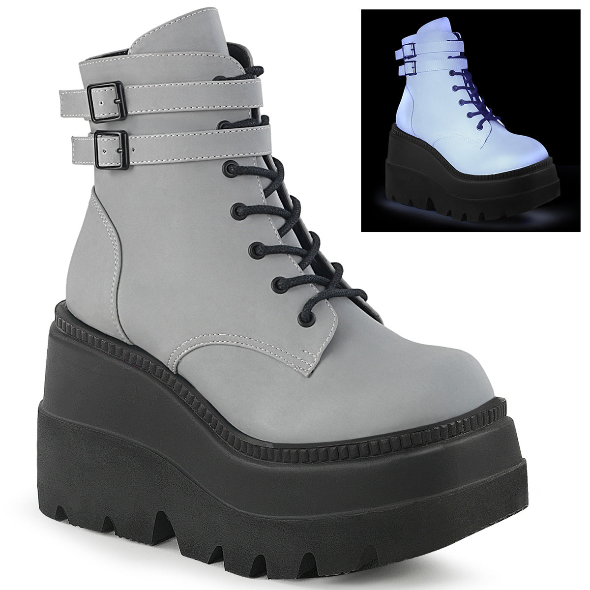 Women\'s Demonia Shaker-52 Platform Boots Gray Reflective | MQL683570