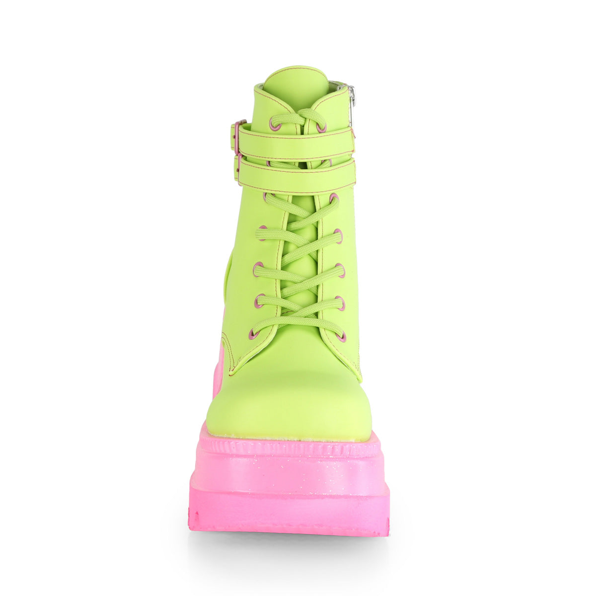 Women's Demonia Shaker-52 Platform Boots Lime Reflective Vegan Leather/Pink | ORH712394