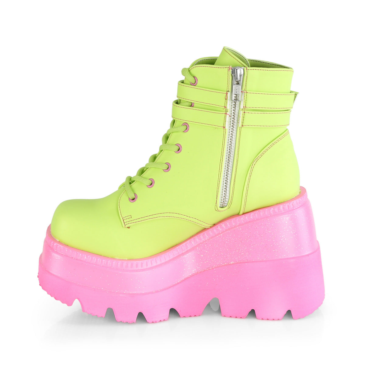 Women's Demonia Shaker-52 Platform Boots Lime Reflective Vegan Leather/Pink | ORH712394