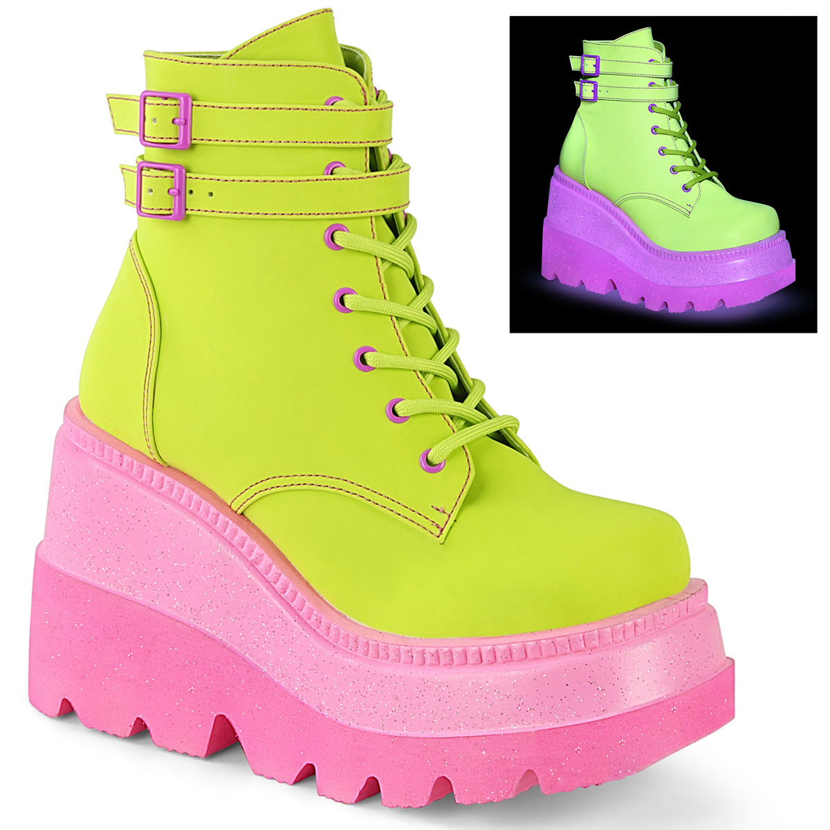 Women\'s Demonia Shaker-52 Platform Boots Lime Reflective Vegan Leather/Pink | ORH712394