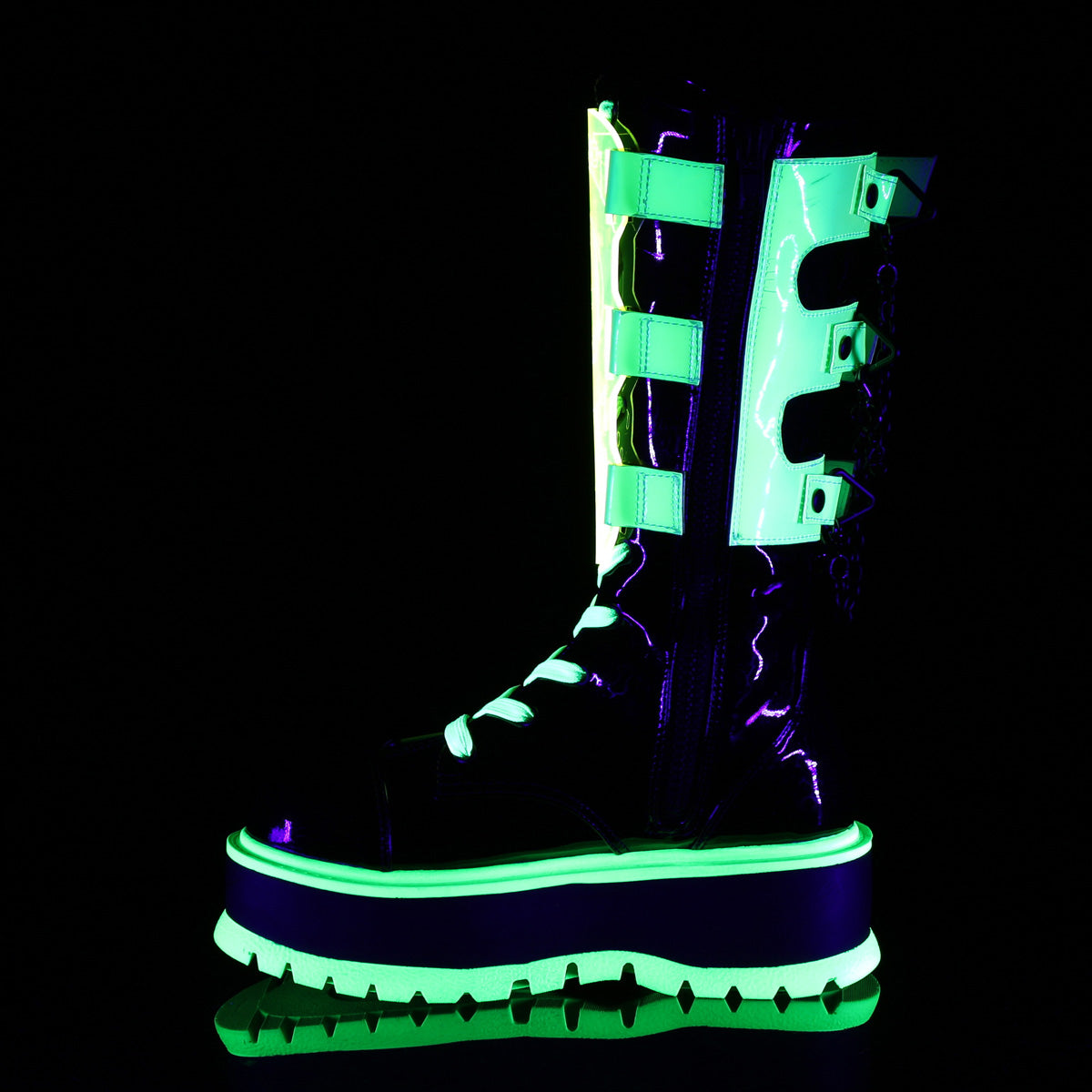 Women's Demonia Slacker-156 Platform Boots Black Patent-UV Neon Green | IMK371296