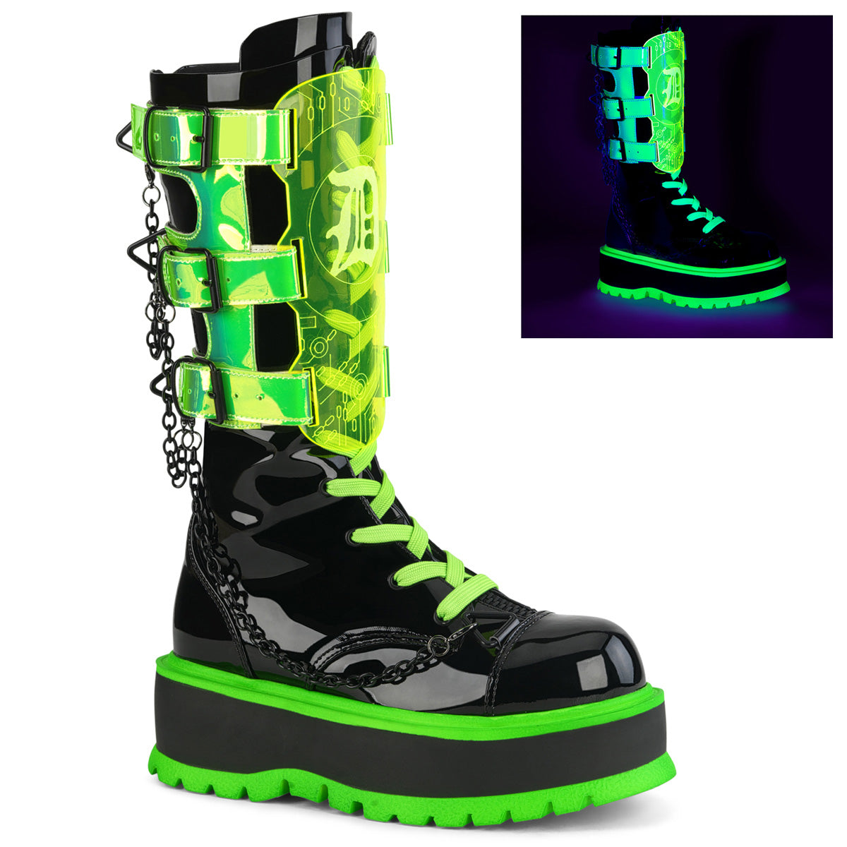 Women\'s Demonia Slacker-156 Platform Boots Black Patent-UV Neon Green | IMK371296