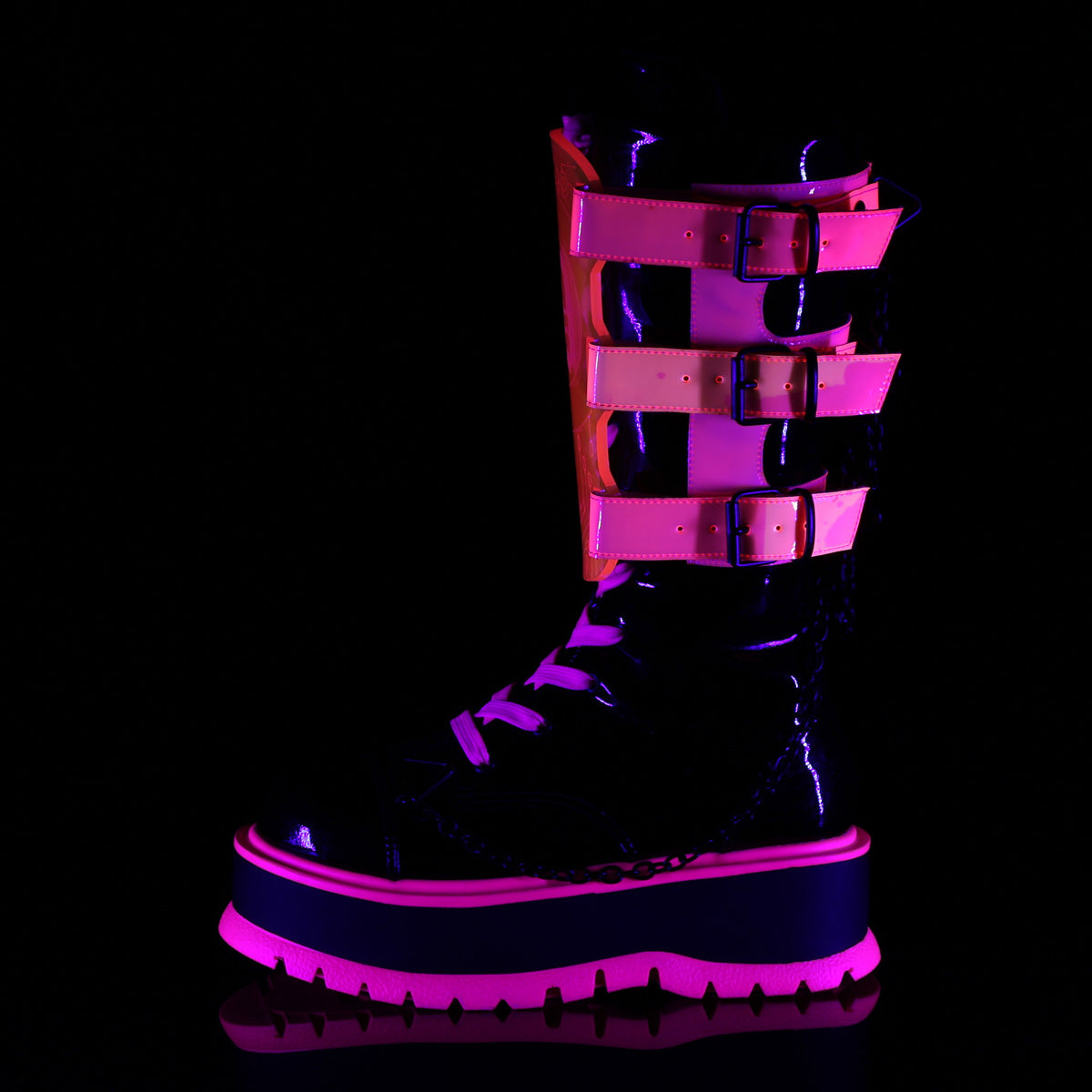 Women's Demonia Slacker-156 Platform Boots Black Patent-UV Neon Pink | UZK810245