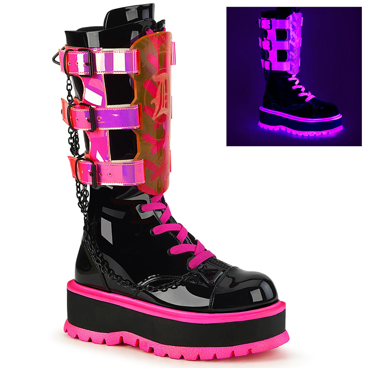 Women\'s Demonia Slacker-156 Platform Boots Black Patent-UV Neon Pink | UZK810245