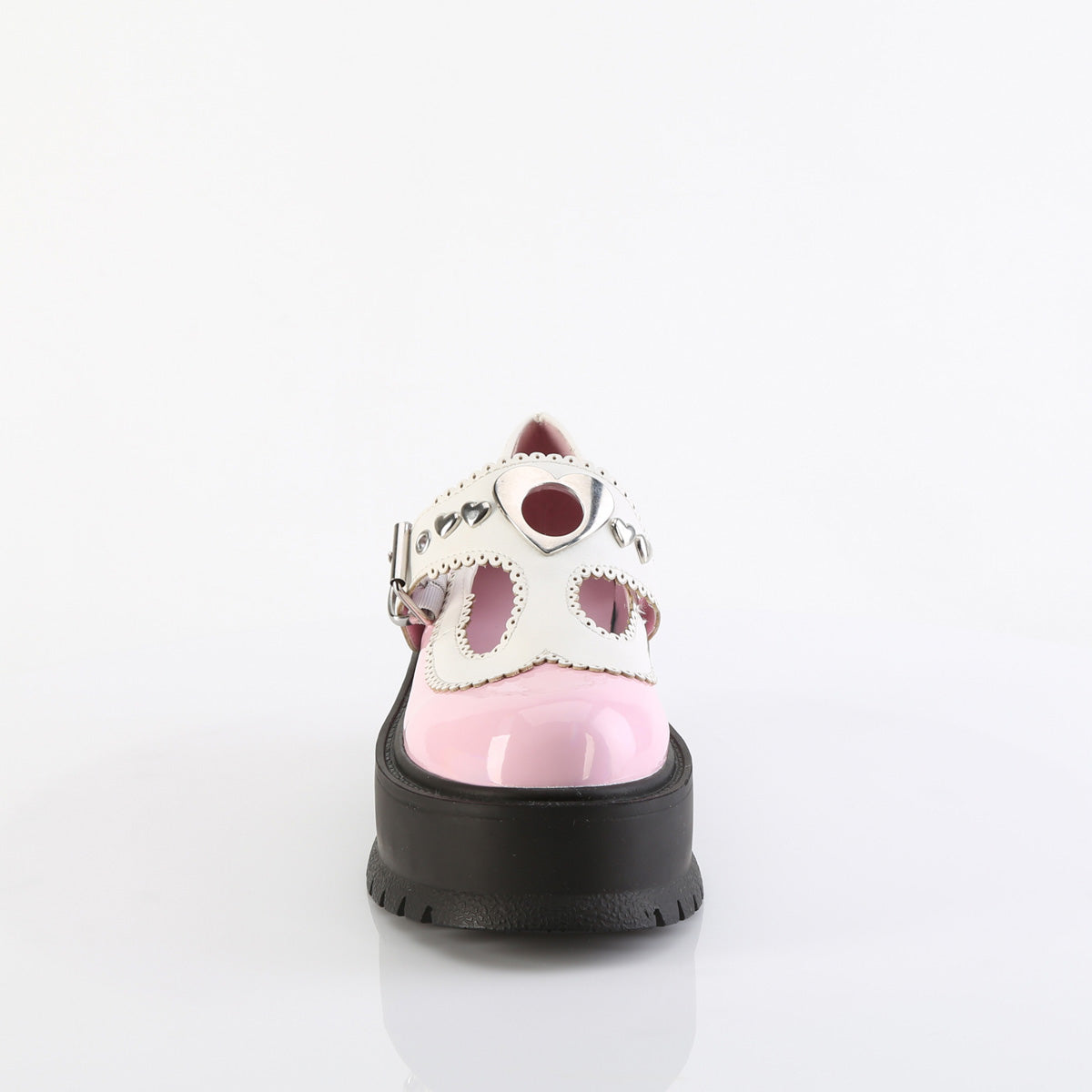 Women's Demonia Slacker-23 Mary Janes Baby Pink Holo Patent-White Vegan Leather | MHU041372