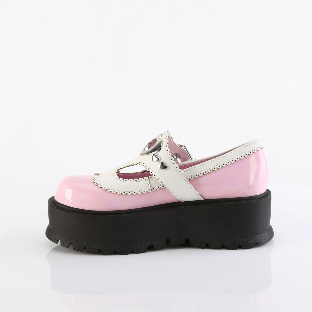 Women's Demonia Slacker-23 Mary Janes Baby Pink Holo Patent-White Vegan Leather | MHU041372