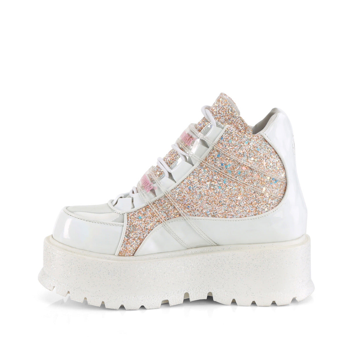 Women's Demonia Slacker-50 Ankle Boots White Holographic Patent-Baby Pink Multi Glitter | RWG689043