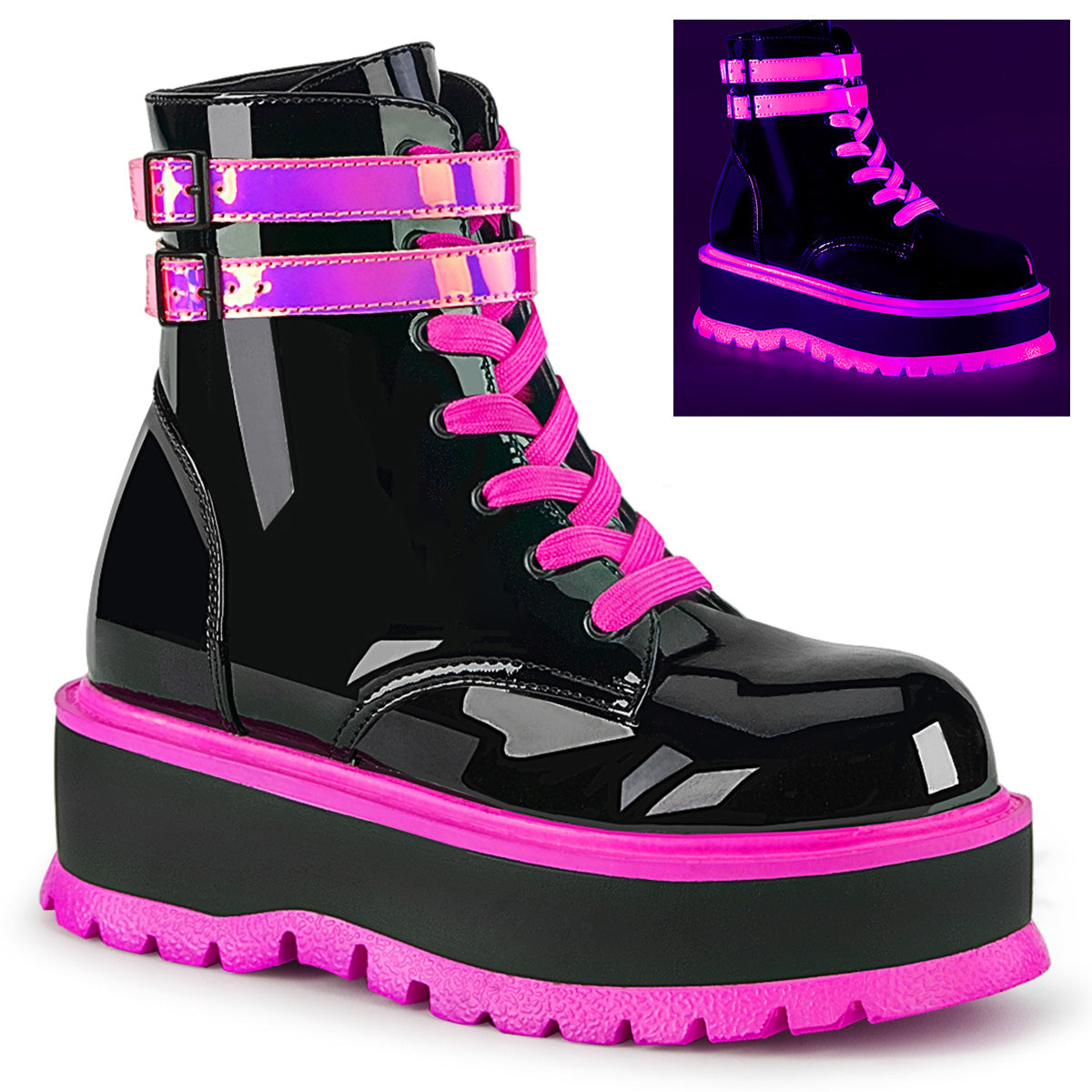 Women\'s Demonia Slacker-52 Platform Boots Black UV Iridescent Pink | WMU803415