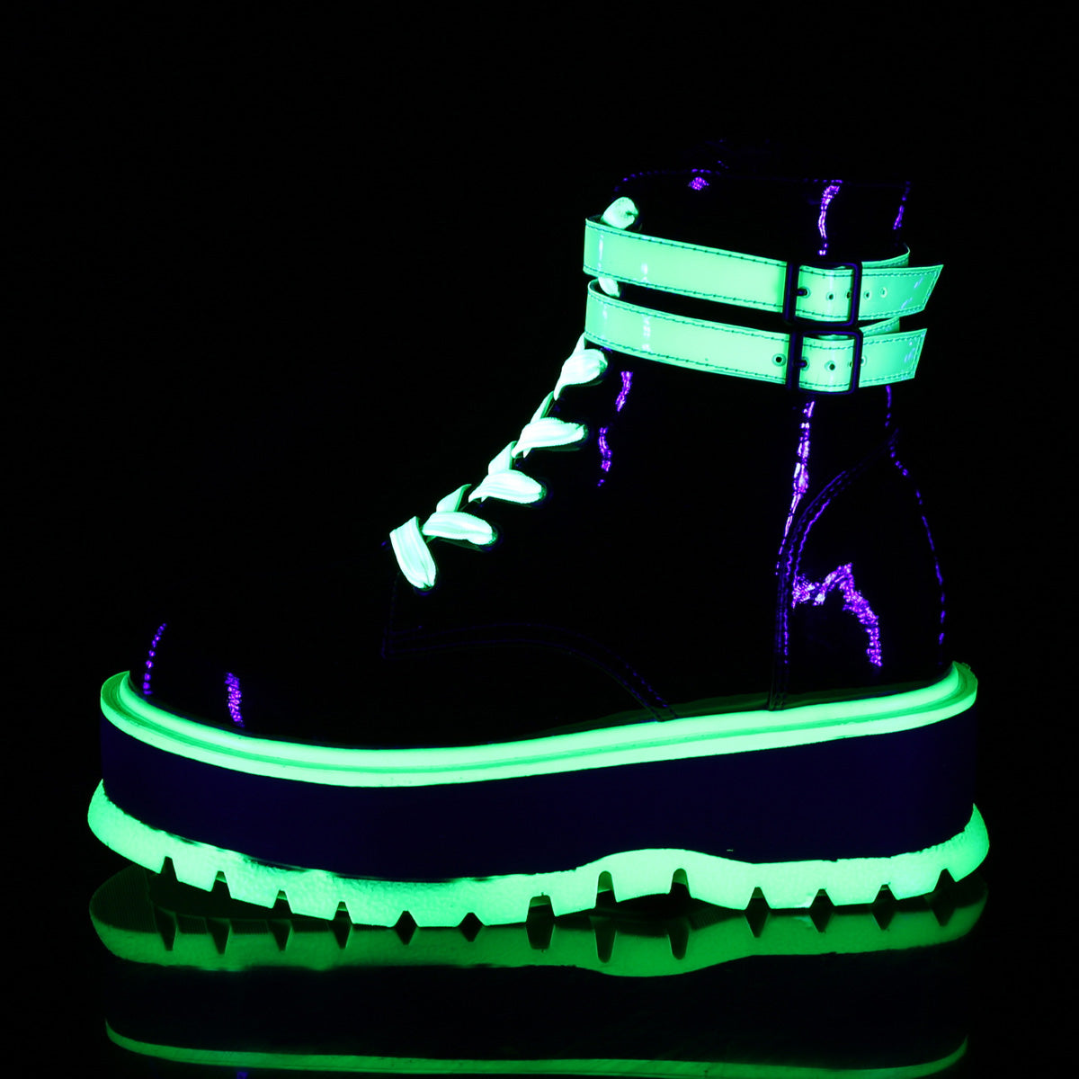 Women's Demonia Slacker-52 Platform Boots Black UV Iridescent Green | MON680524