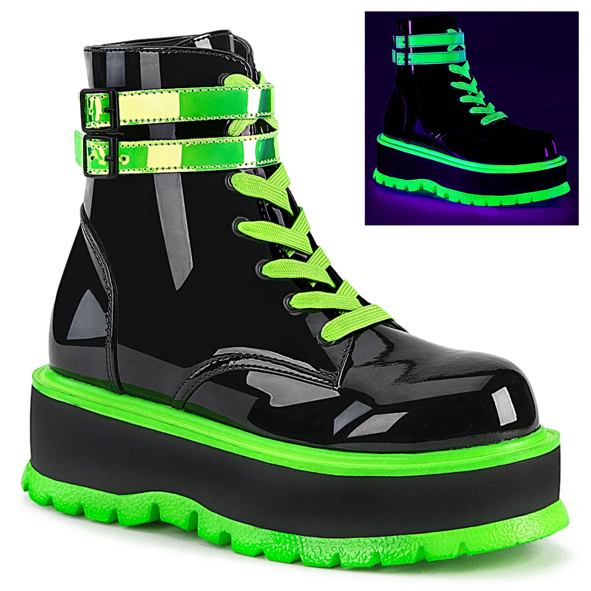 Women\'s Demonia Slacker-52 Platform Boots Black UV Iridescent Green | MON680524