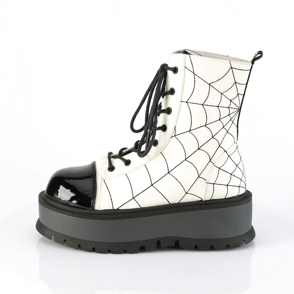 Women's Demonia Slacker-88 Platform Boots White Glow Vegan Leather-Black Patent | QZW182530