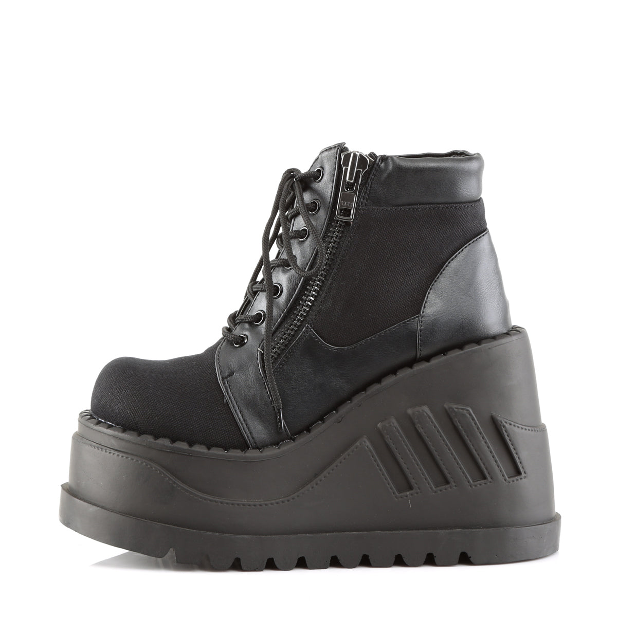 Women's Demonia Stomp-10 Platform Boots Black Canvas-Vegan Leather | FHE429876