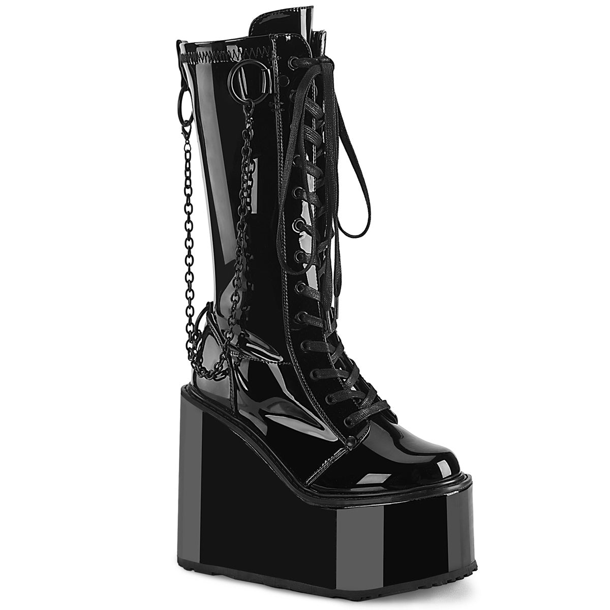 Women\'s Demonia Swing-150 Platform Boots Black Stretch Patent | LDJ538204