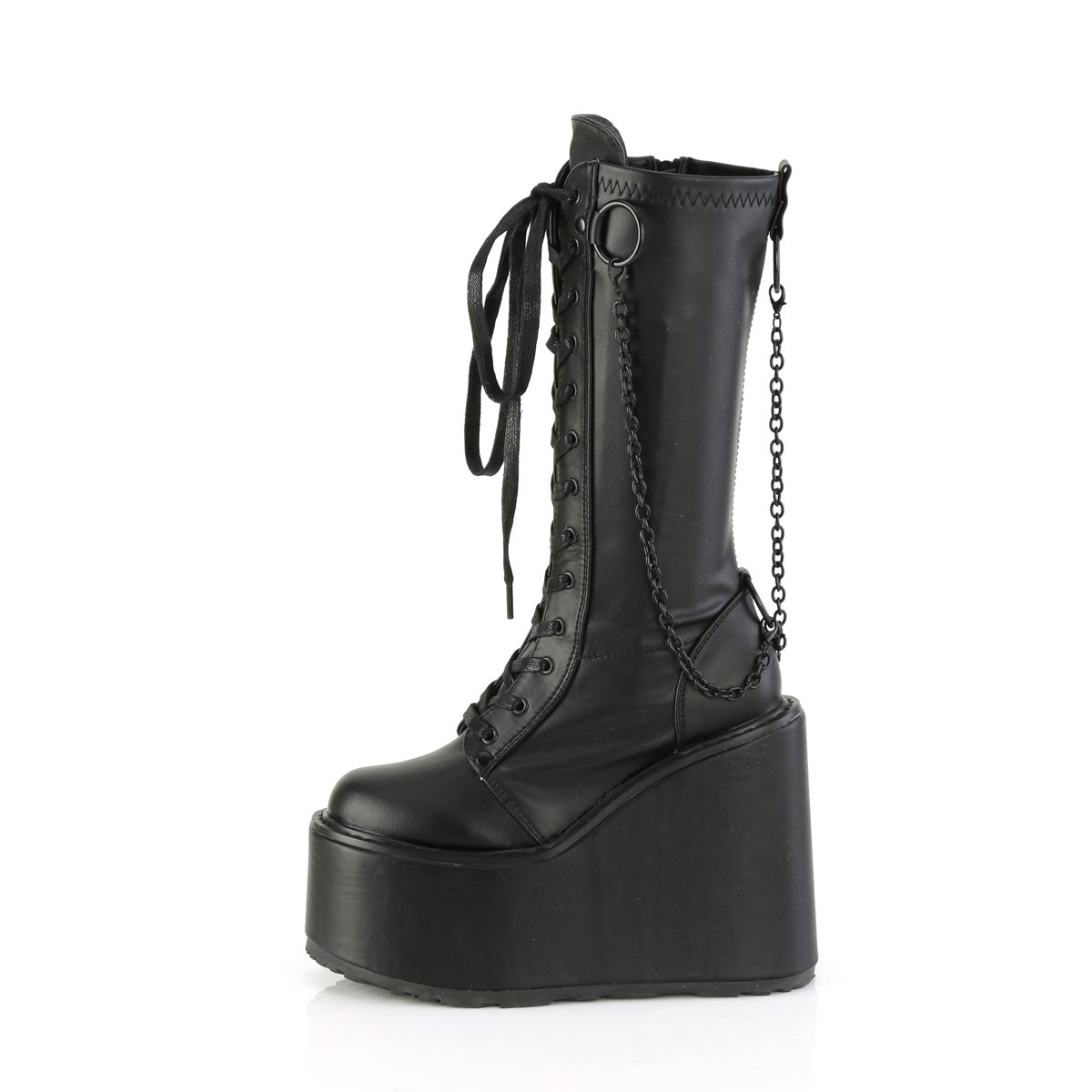 Women's Demonia Swing-150 Platform Boots Black Stretch Vegan Leather | VIT897530