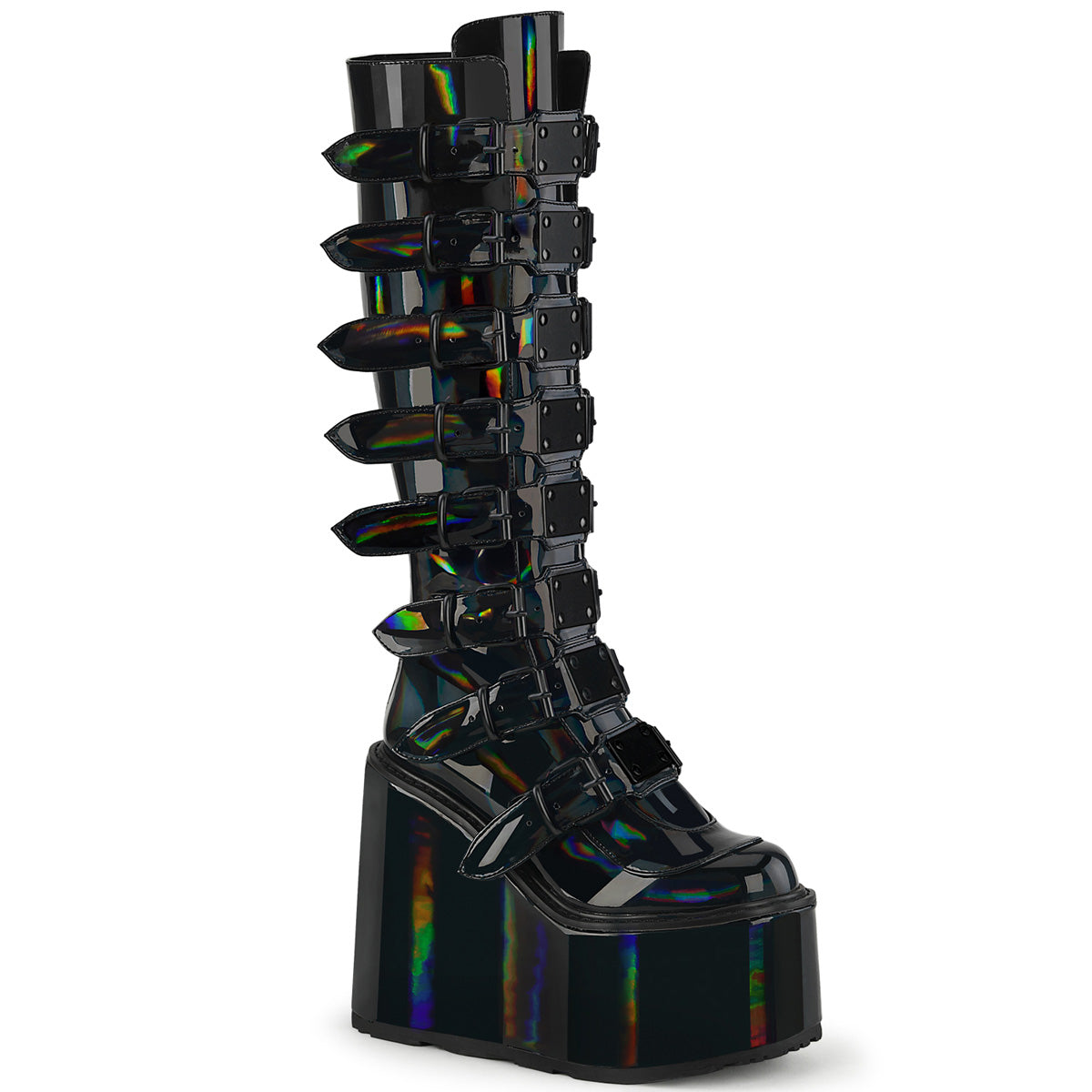 Women\'s Demonia Swing-815 Knee-high Boots Black Holographic Patent | YID562810